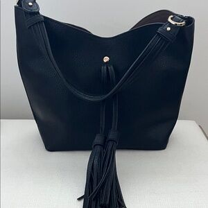 Sophisticated Black Tassel Shoulder Bag with inside bag and adjustable strap